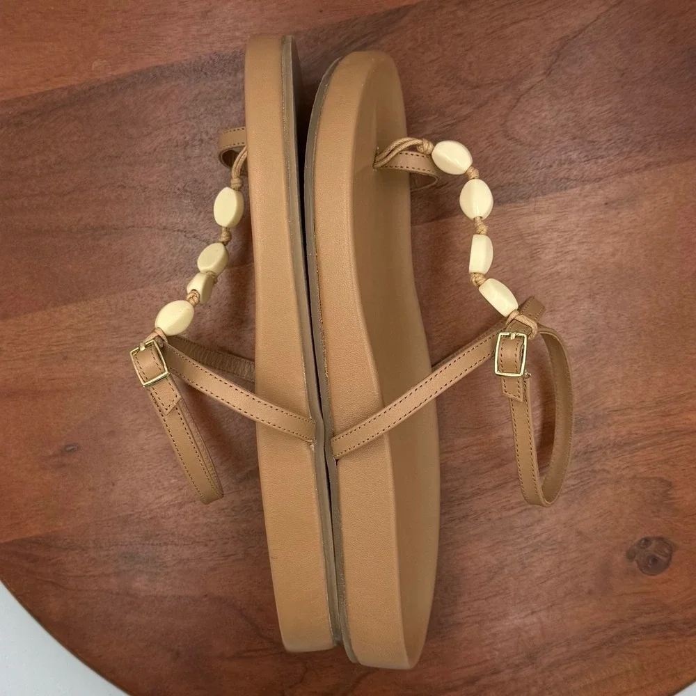 Anthropologie‎ Toe Loop Shell Sandals Tan Leather Ankle Strap Thongs Coastal W 7